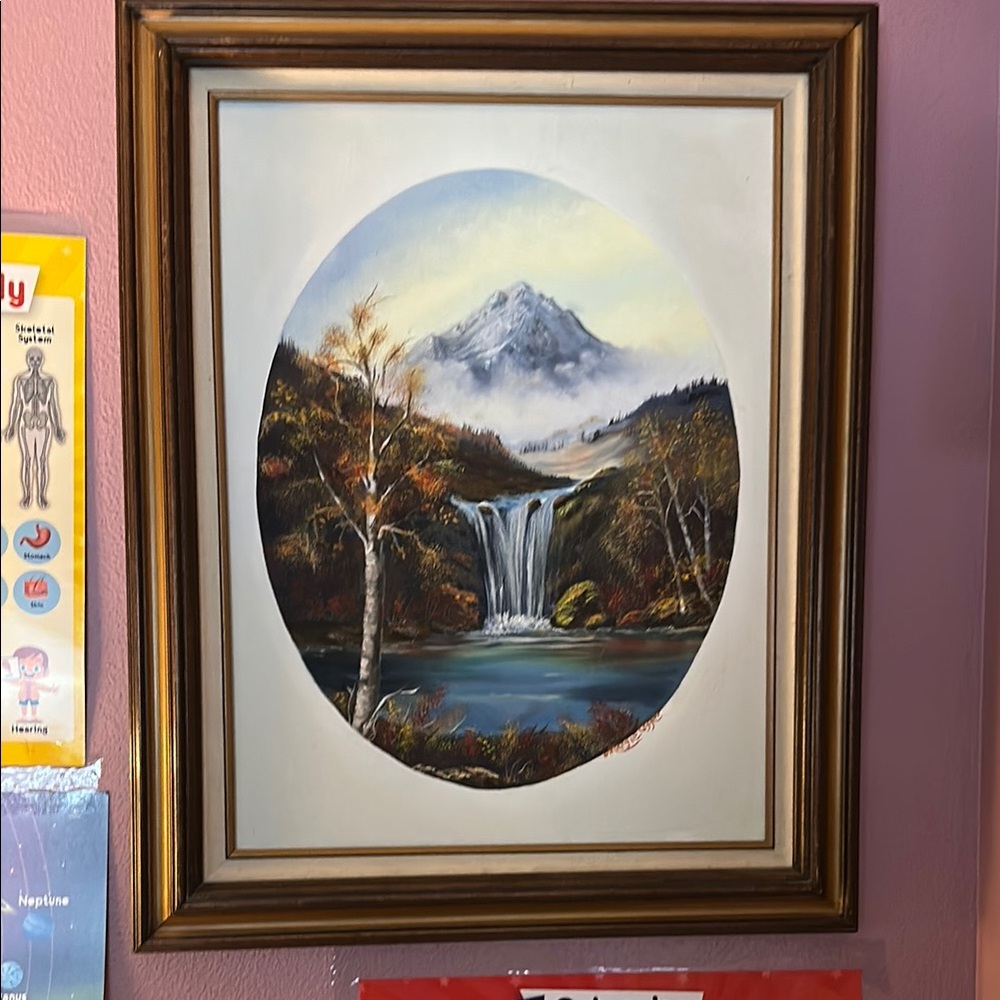 Framed Mountain Waterfall Painting